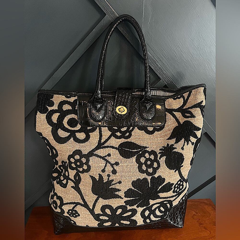 Handmade Black Beige Arts & Crafts Floral Fabric & Embossed Leather Tote…